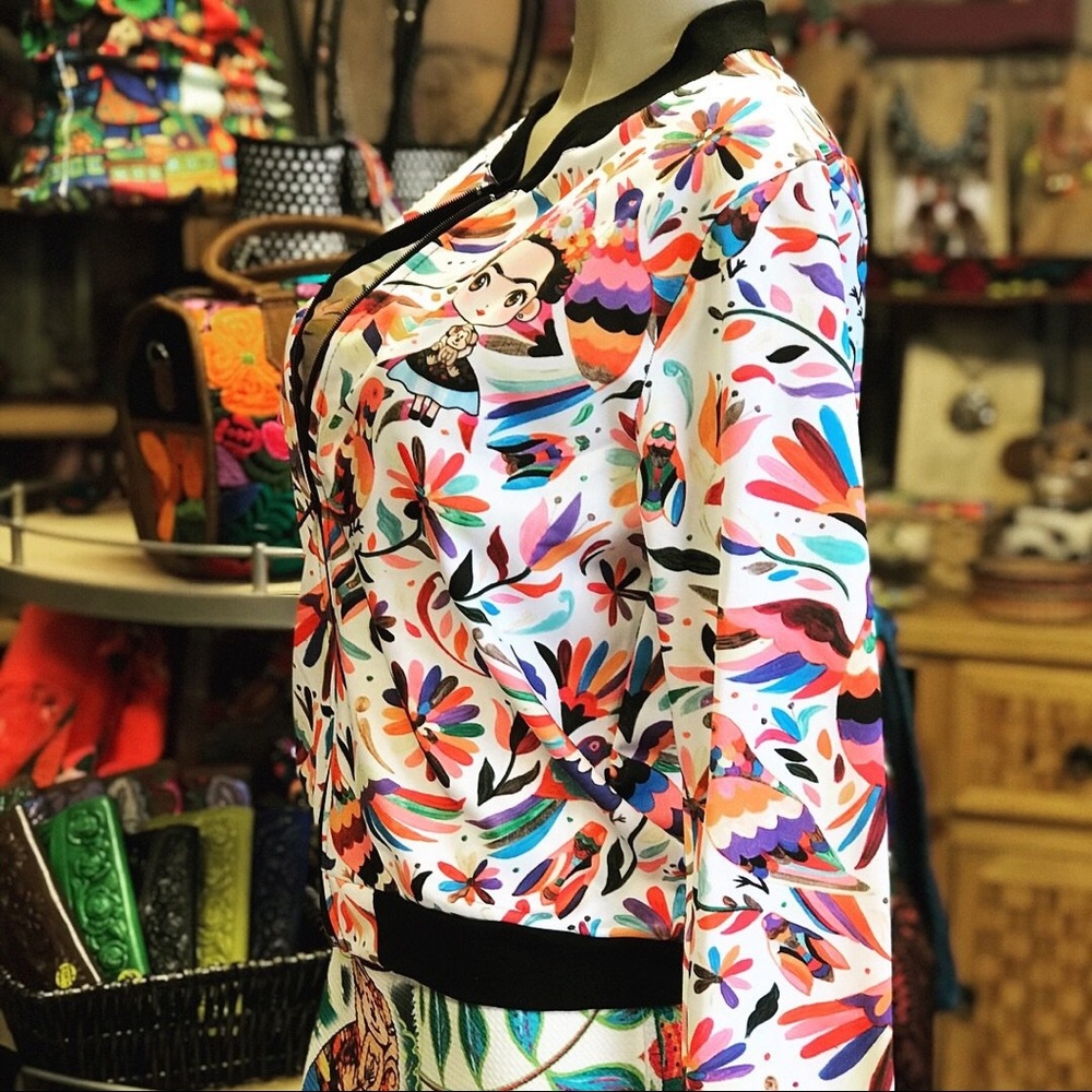 Frida Kahlo Otomi Style Striped Bomber Jacket - Picture 3 of 3